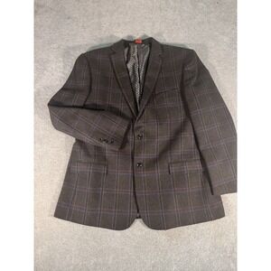 Linea Uomo Plaid Blazer Poly/rayon 50 Long Pocket Square Brown Blue Red 2 Button